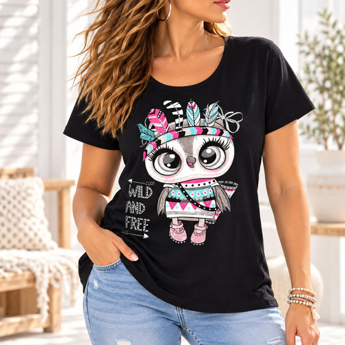 Damen shirt schwarz - schwarz, eule